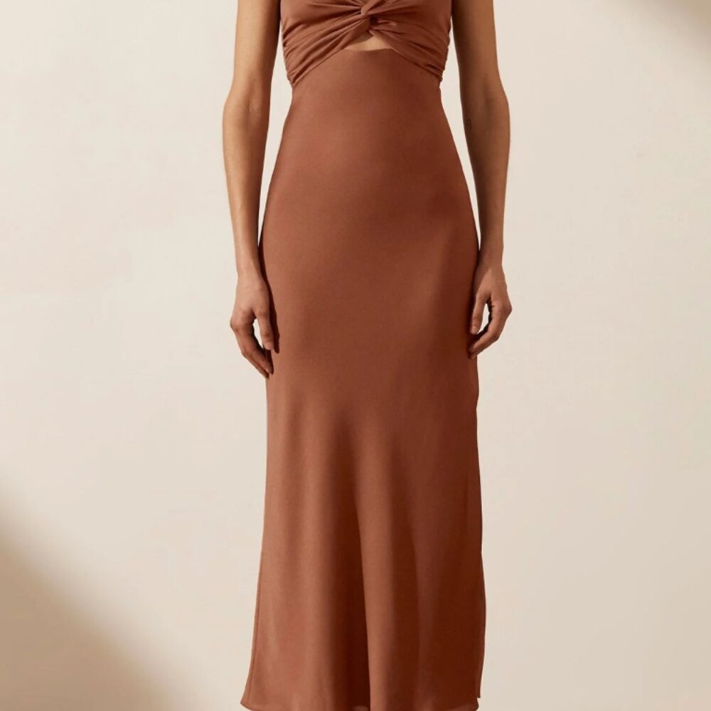 Shona Joy Luxe Twist Front Sleeveless Midi Dress - Mocha US6